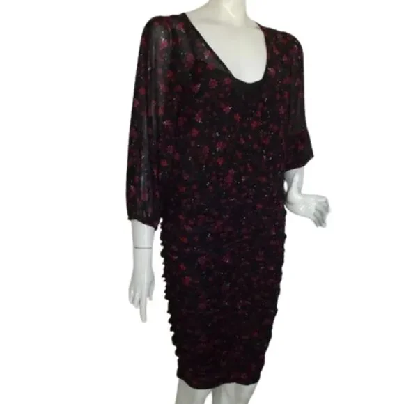 new TORRID Dress, 0/L, Black, Red/Purple Floral, Ruched Skirt, Scoop neck, Meshy - Picture 3 of 16